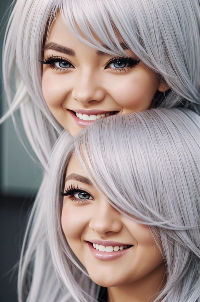 Anime woman curvy white hair brown eyes big long eyelashes nose upturned laughing redhead
