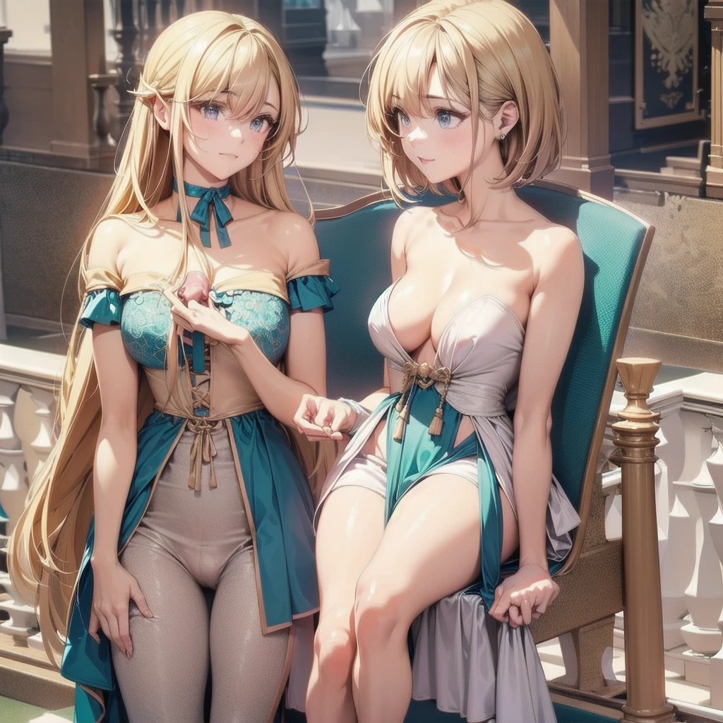 ((highest quality、High resolution))、Portrait、Blonde、Cosplay、Sexy Dress、((Two beautiful girls showing their pussies、No panties))、I&#39;m tempting you、I'm inviting you to have sex