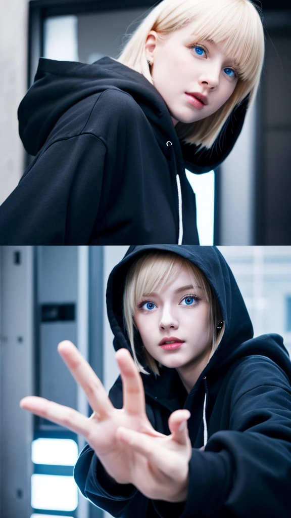 Create a girl offering her hand to the screen, that she is black haired with a black hoodie with a blonde man with blue eyes next to her
