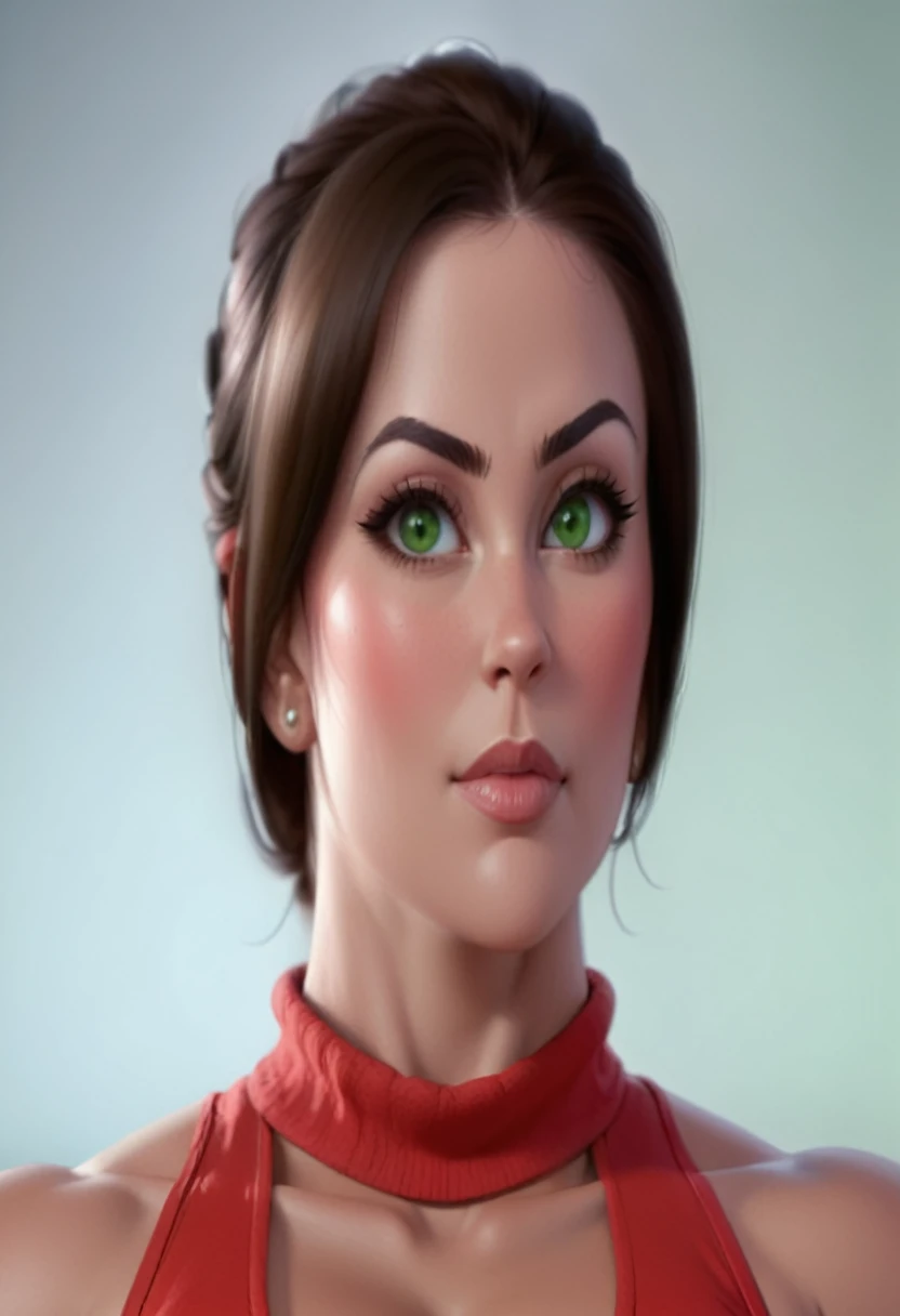 (masterpiece:1.2), (best quality), (ultra detailed), (8k, 4k, intricate),(full-body-shot:1), (highly detailed:1.2),(detailed face:1.2), (detailed background), eastern european muscle woman with dark hair in a bun wearing red tank top with massive muscle sarms by her side, woman with huge muscles, green eyes,