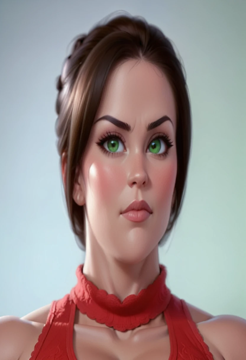 (masterpiece:1.2), (best quality), (ultra detailed), (8k, 4k, intricate),(full-body-shot:1), (highly detailed:1.2),(detailed face:1.2), (detailed background), eastern european muscle woman with dark hair in a bun wearing red tank top with massive muscle sarms by her side, woman with huge muscles, green eyes,