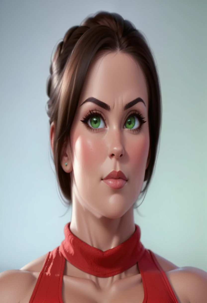(masterpiece:1.2), (best quality), (ultra detailed), (8k, 4k, intricate),(full-body-shot:1), (highly detailed:1.2),(detailed face:1.2), (detailed background), eastern european muscle woman with dark hair in a bun wearing red tank top with massive muscle sarms by her side, woman with huge muscles, green eyes,