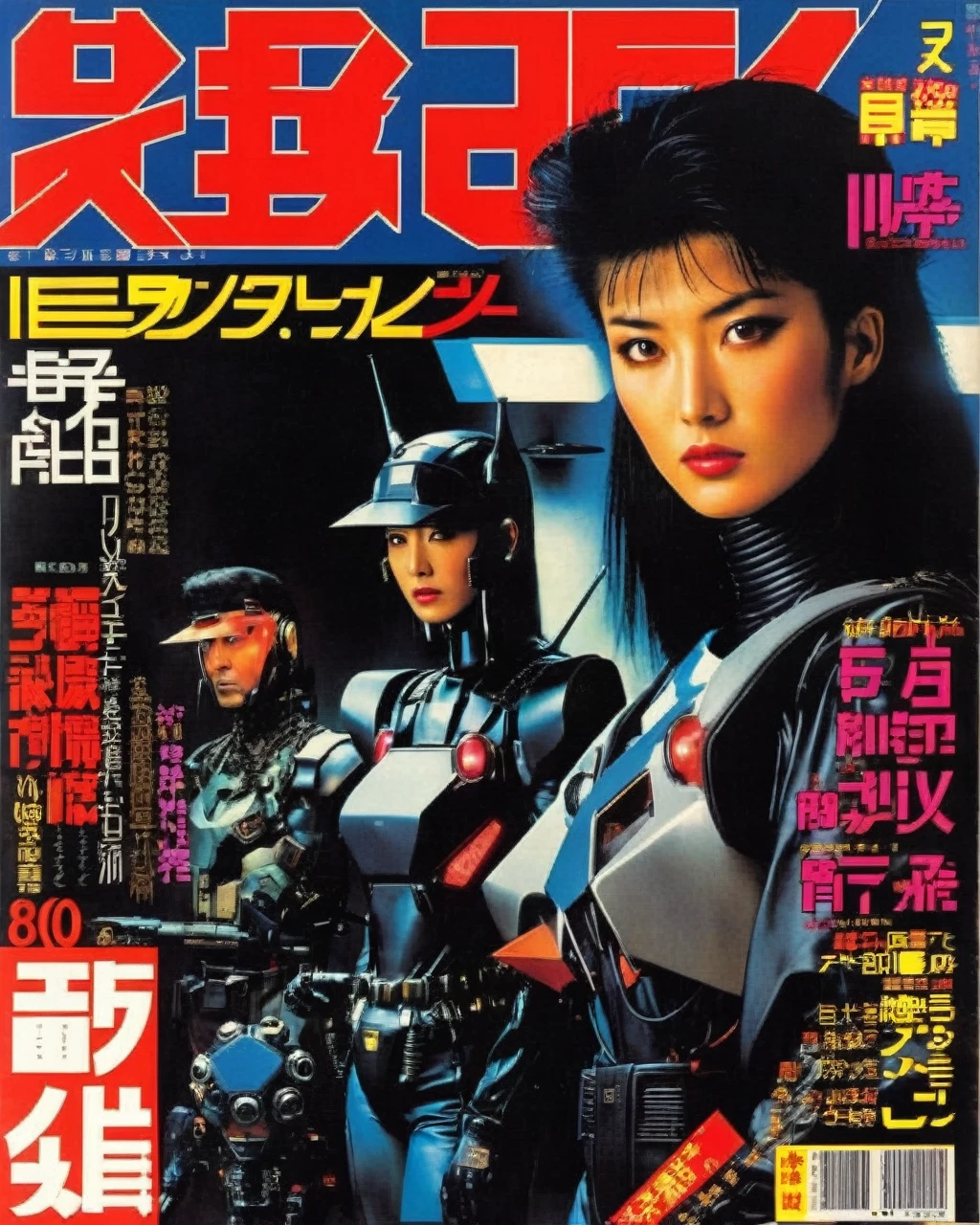 japanese magazine cover 80s, cyberpunk, retro_magazine. No background