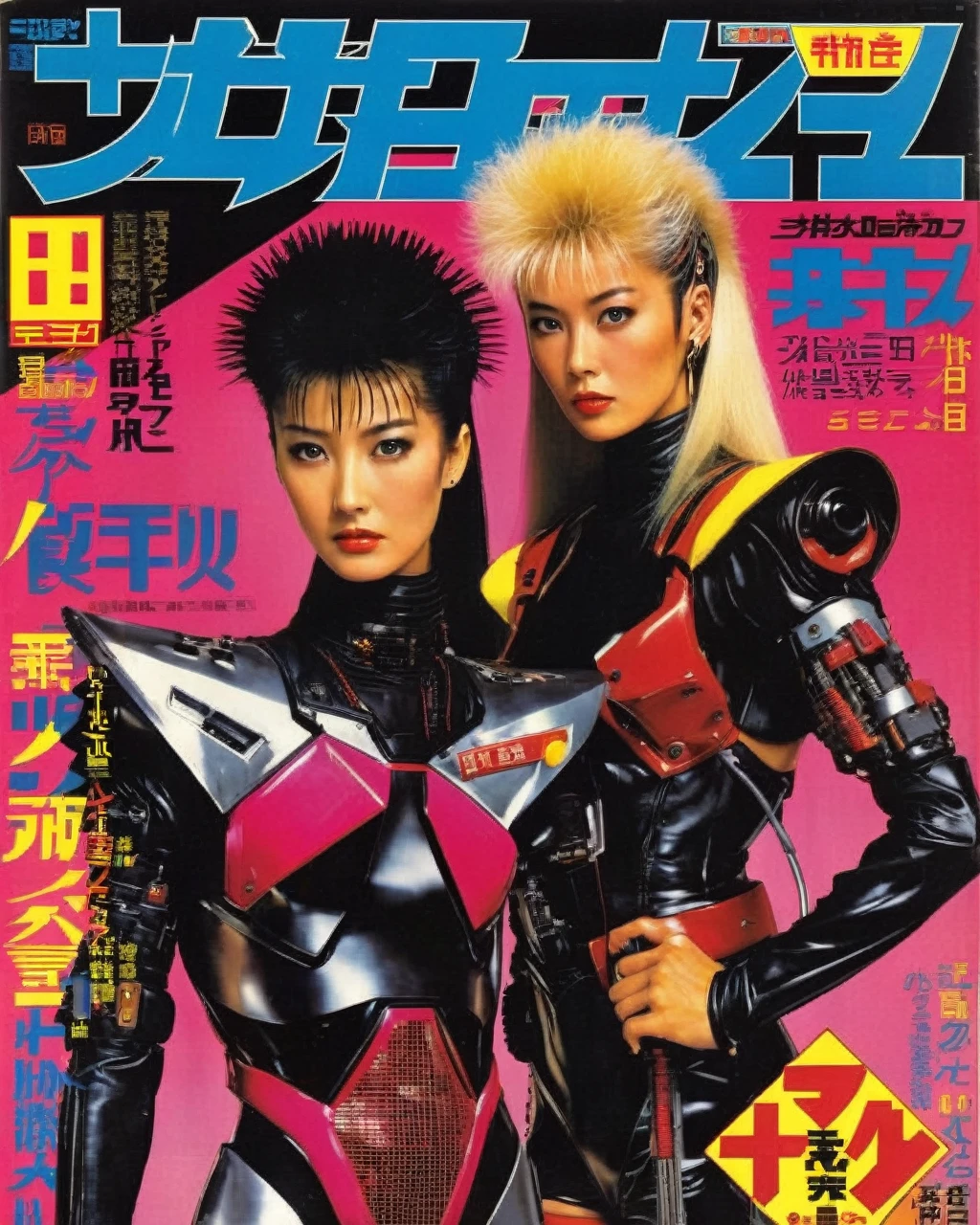 japanese magazine cover 80s, cyberpunk, retro_magazine. No background