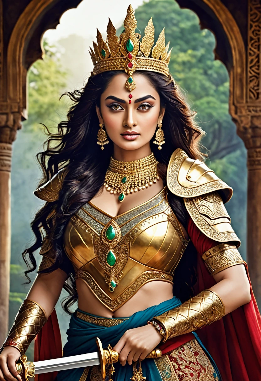 Looks like Sandeepa Dhar, "Design an illustration of a stunning and powerful warrior queen with a regal presence. She should possess a combination of strength and grace. Imagine her in ornate, yet practical armor that complements her figure. The armor should be adorned with intricate details and symbols representing her royal lineage and warrior prowess. Her weapon of choice could be a unique and elegant sword or a mythical weapon that reflects her status as a formidable leader.
Her facial features should exude confidence and determination, with piercing eyes that convey both fierceness and wisdom. The queen's hair, whether long or short, should flow dynamically, hinting at her movement in battle. Consider incorporating elements that emphasize her connection to nature or a mythical realm, such as ethereal backgrounds, symbolic animals, or mystical symbols.
Pay attention to the color palette; use rich, bold colors that enhance her royal aura. Experiment with lighting to highlight specific details and create a sense of drama. Ensure that her posture and expression capture the essence of a queen who commands respect and admiration. Feel free to draw inspiration from historical warrior queens or fictional characters, blending elements to create a unique and captivating image."