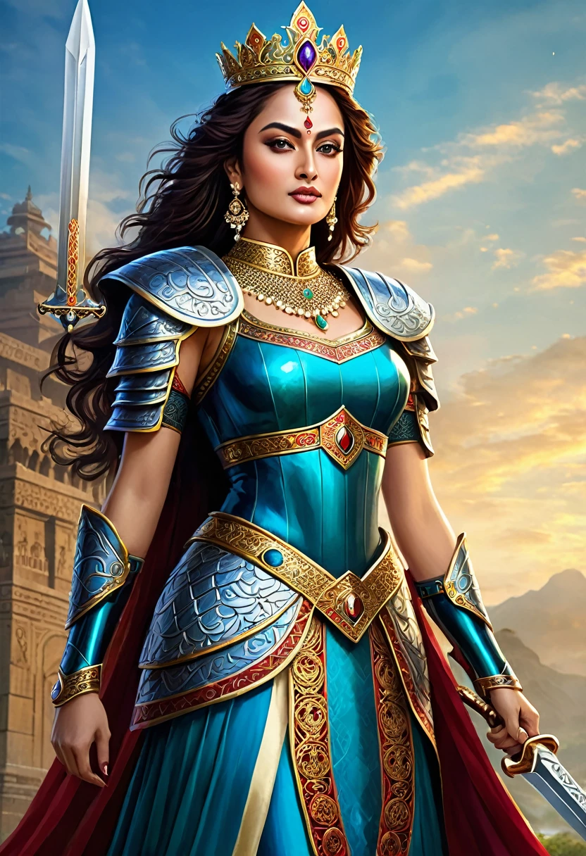 Looks like Sandeepa Dhar, "Design an illustration of a stunning and powerful warrior queen with a regal presence. She should possess a combination of strength and grace. Imagine her in ornate, yet practical armor that complements her figure. The armor should be adorned with intricate details and symbols representing her royal lineage and warrior prowess. Her weapon of choice could be a unique and elegant sword or a mythical weapon that reflects her status as a formidable leader.
Her facial features should exude confidence and determination, with piercing eyes that convey both fierceness and wisdom. The queen's hair, whether long or short, should flow dynamically, hinting at her movement in battle. Consider incorporating elements that emphasize her connection to nature or a mythical realm, such as ethereal backgrounds, symbolic animals, or mystical symbols.
Pay attention to the color palette; use rich, bold colors that enhance her royal aura. Experiment with lighting to highlight specific details and create a sense of drama. Ensure that her posture and expression capture the essence of a queen who commands respect and admiration. Feel free to draw inspiration from historical warrior queens or fictional characters, blending elements to create a unique and captivating image."
