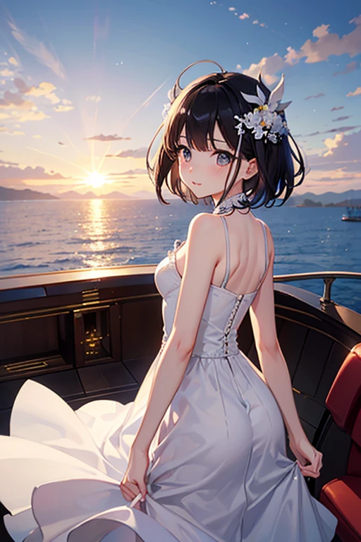 Highest quality、Black Hair、Iris、short hair、girl、cute、16 years old、、Small hair ornament、1 person、luxury passenger ship、White dress、Long skirt、Looking back、The wind is blowing、Her skirt flutters wildly、Panty shot、I can see your underwear、Keep big hats down、