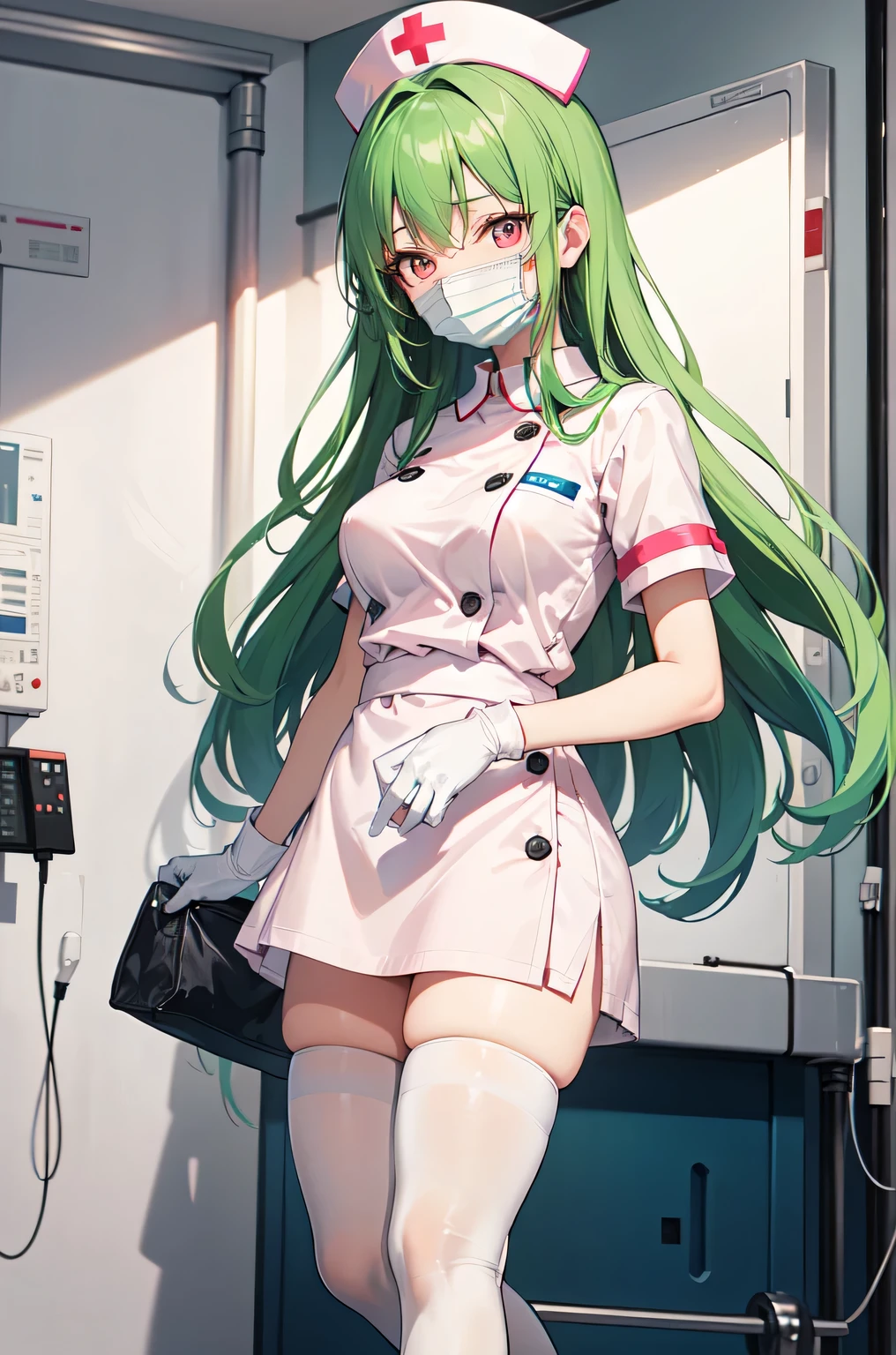 1woman, solo, nurse, white nurse cap, white nurse uniform, ((white legwear, zettai ryouiki)), white gloves, forehead, long hair, green hair, pink eyes, ((white surgical mask, covered nose)), standing, ((hospital room)), sharp outline, short sleeves, mature female, 35 years old, best quality, masterpiece