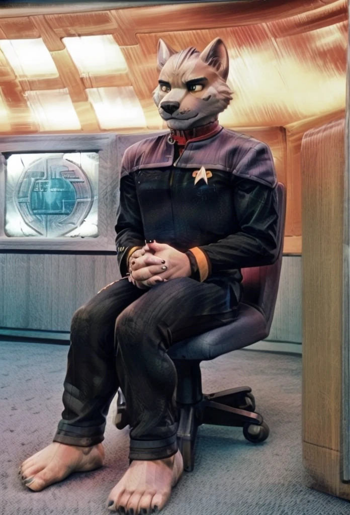 (((Barefoot furry character, full body, cinematic setting, furry male, plantigrade)))
(((Bolt))) (anthro dog with white fur, very cute and young looking face, big black snout), exudes confidence and authority as he sits in the captain's chair, and his (((Star Trek DS9 uniform))) with the Starfleet Delta badge on his chest is a perfect match for his muscular figure. (((Handsome clawed feet paws with black bandages))) dominate the bridge of the star ship and its crew. (((black and grey ds9st uniform with red collar))). ((Bridge of Star Trek starship with many screens and consoles as background)), futuristic look, metalic. anatomically correct, Long black pants, black shirt with gray shoulders, red collar.
BREAK, intricate details, highly detailed, extreme detail, octane render, fine art, best quality, highres, (detailed face:1.5), ((full_body)), UHD, (((perfect hands))), low light