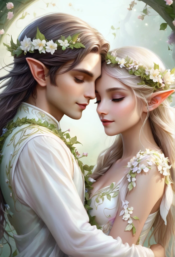 high quality),(refined details),(fantasy illustration),a couple of elves hugging each other (boy and girl), ((full body)),delicate long ears, girl's hair adorned with flowers and vines, perfect angelical face, inocente,delicate,light mist background , surrounded by flowers