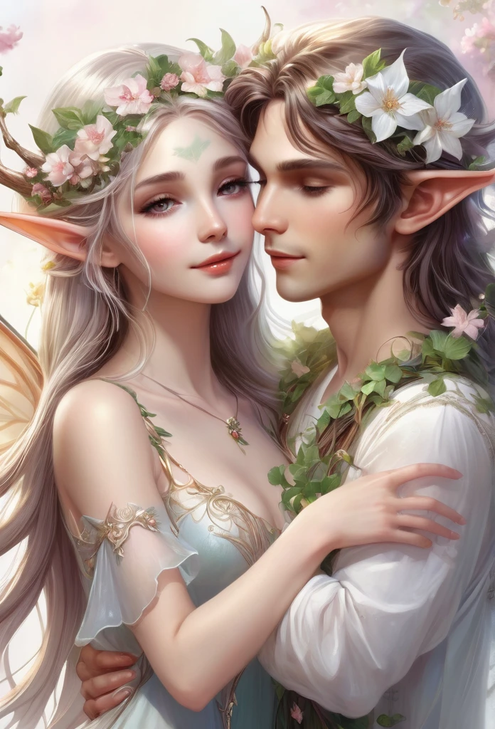 high quality),(refined details),(fantasy illustration),a couple of elves hugging each other (boy and girl), ((full body)),delicate long ears, girl's hair adorned with flowers and vines, perfect angelical face, inocente,delicate,light mist background , surrounded by flowers