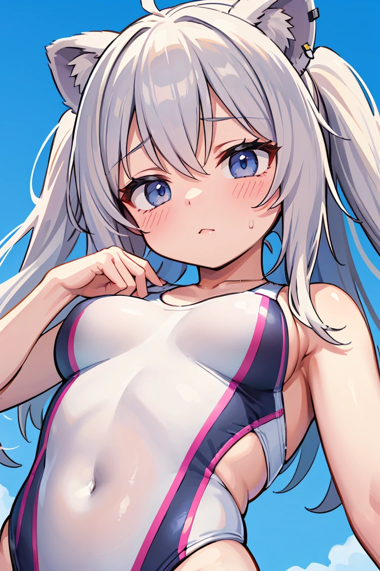 Shishiro Botan (4 Outfits) | Hololive,Browsing Caution,1 Girl,,,chest,尖ったchest,chestの谷間,Underbust,Side Bust Barbosa,(blush),((Embarrassing)),Spread out and masturbate((White competitive swimsuit))round 1(((chestを持ち上げる)))((View from below、View from below))Upper body close-up,(巨大なchest)