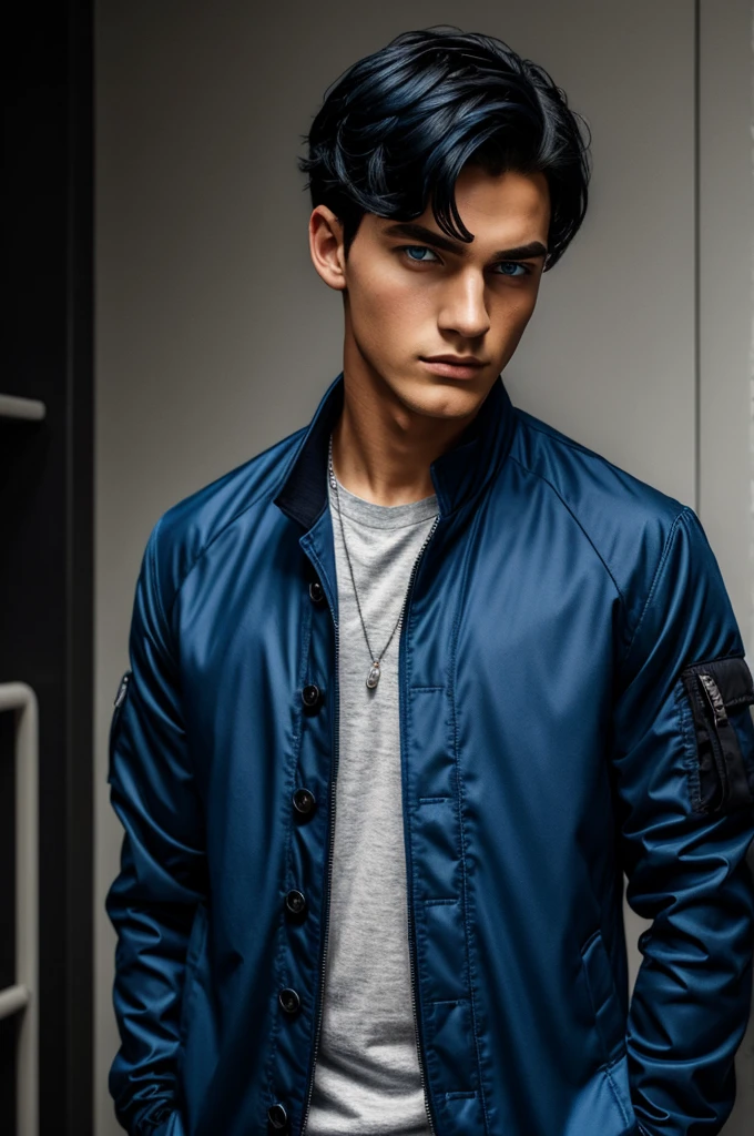 Boy dressed in a blue fabric jacket with black outline.. caucasian skin.. dark blue hair.. sky blue eyes... Measures 178 cm tall.. serious face