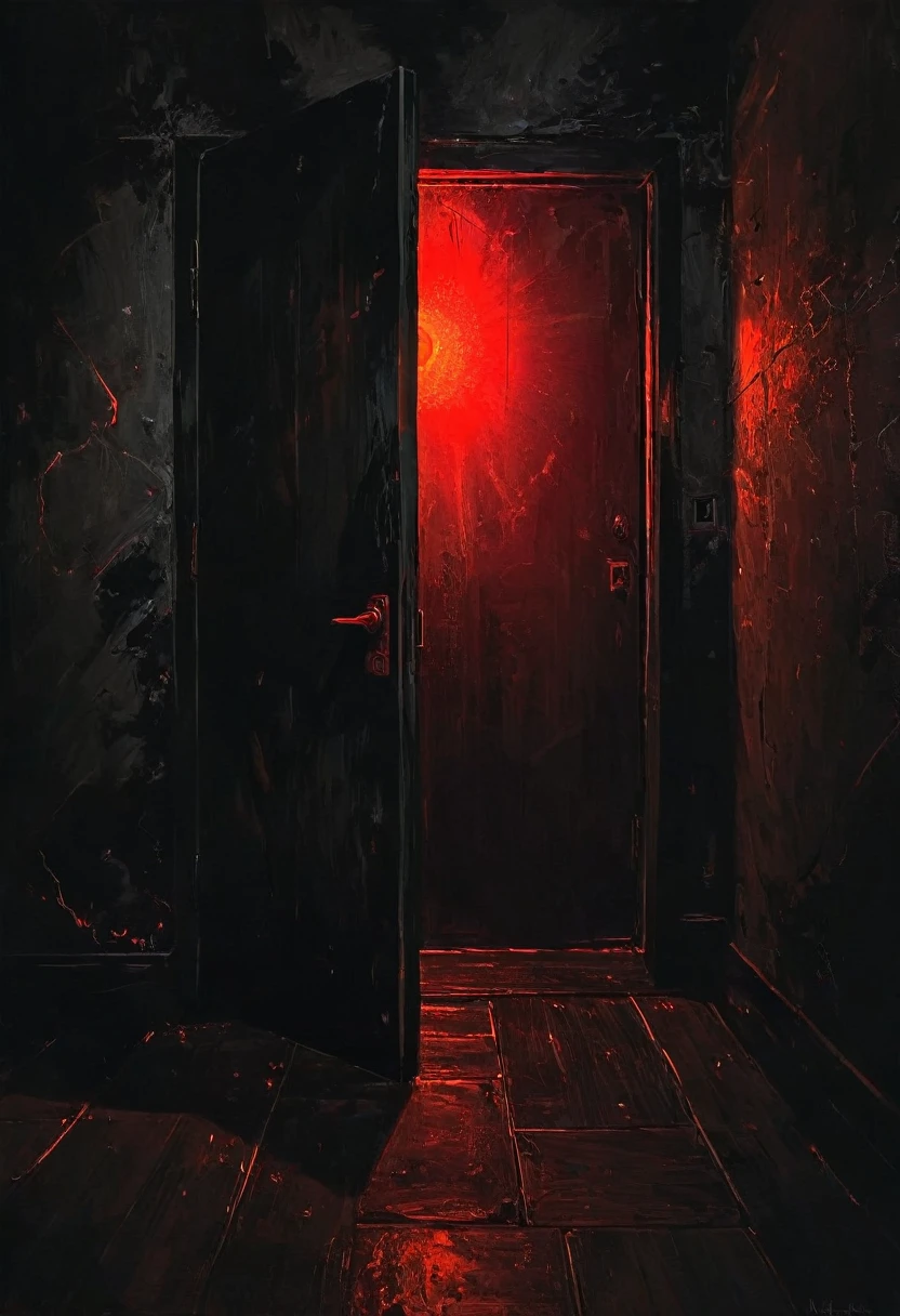 darkness, a black wall. With an open door, a red light comes out from inside the door, an intense red light.