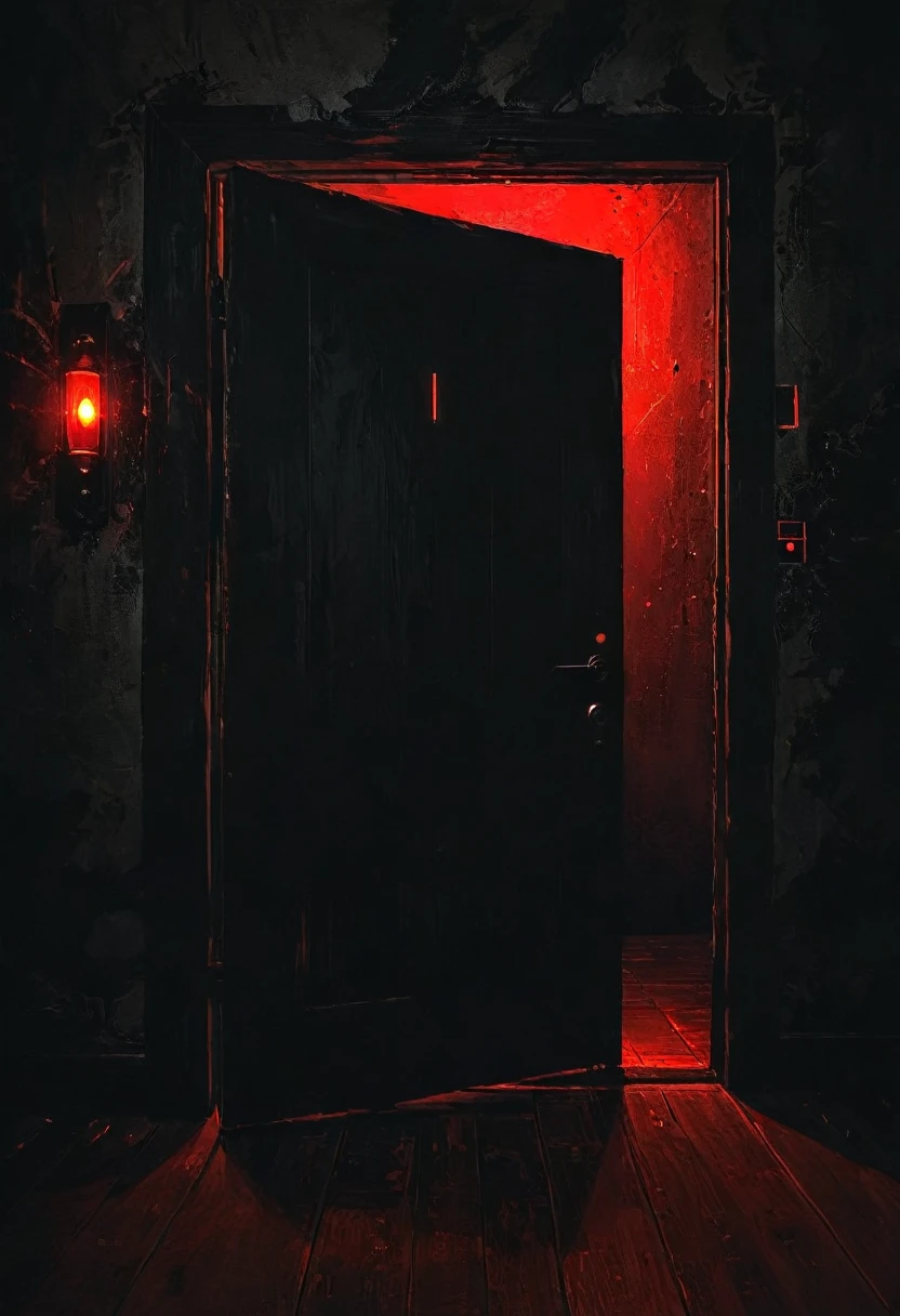 darkness, a black wall. With an open door, a red light comes out from inside the door, an intense red light.