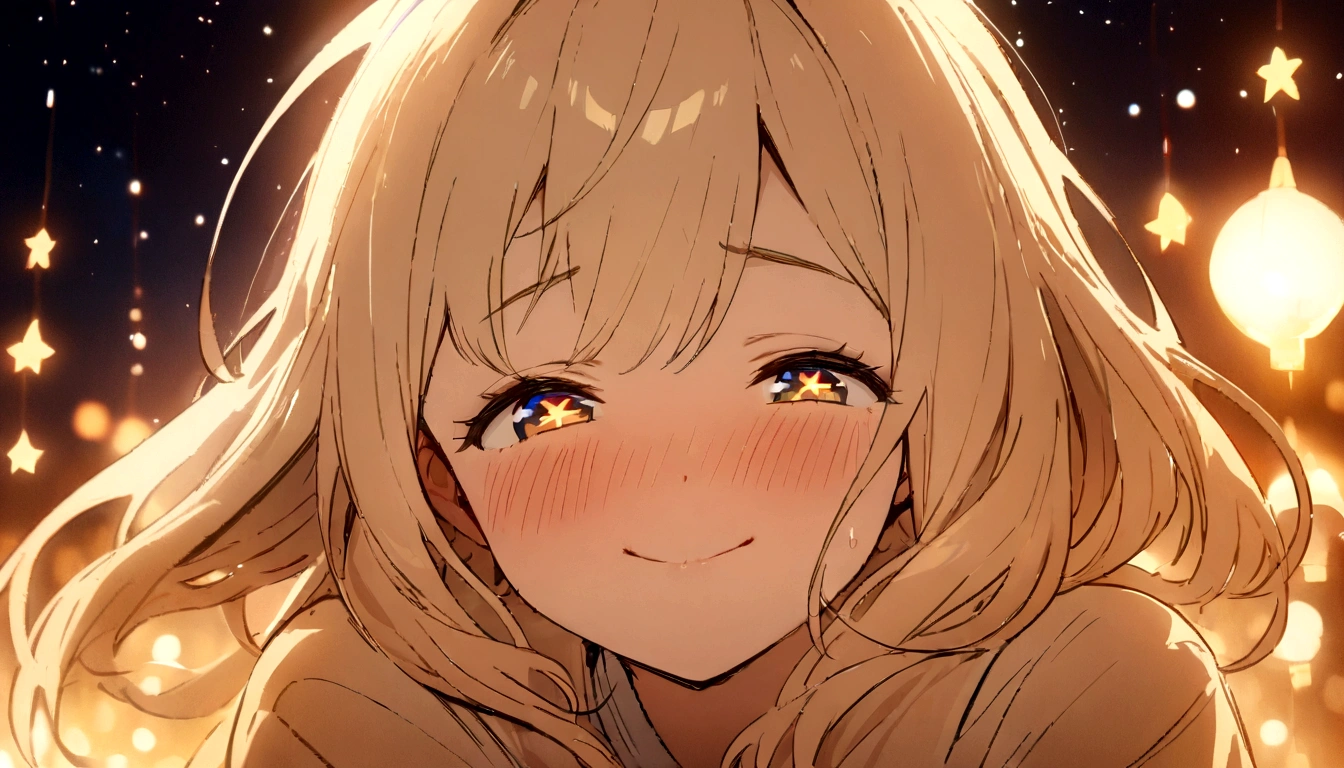 (best quality,masterpiece:1.2),high resolution, cinematic frames,1girl,1boy,bright detailed eyes,warm toned lighting,blushy cheeks,shy smile,looking at each other,star-filled sky,close-up,glowing,joy,happiness,soft warm lighting,(sparkle:0.7)
