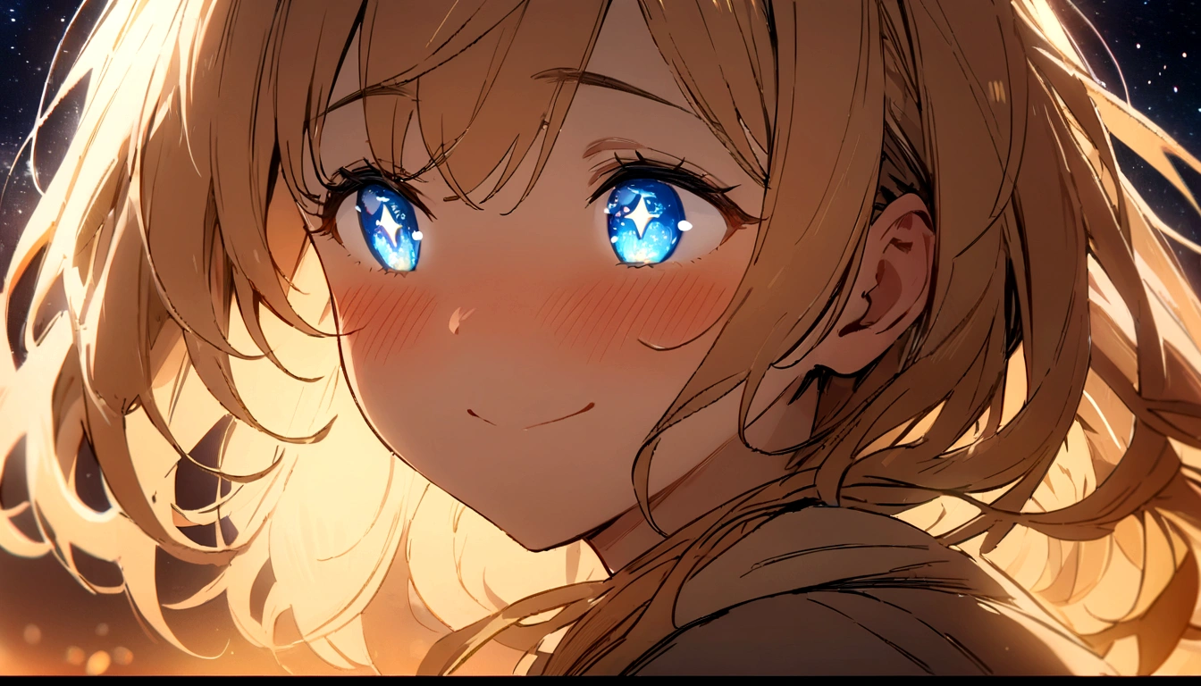 (best quality,masterpiece:1.2),high resolution, cinematic frames,1girl,1boy,bright detailed eyes,warm toned lighting,blushy cheeks,shy smile,looking at each other,star-filled sky,close-up,glowing,joy,happiness,soft warm lighting,(sparkle:0.7)