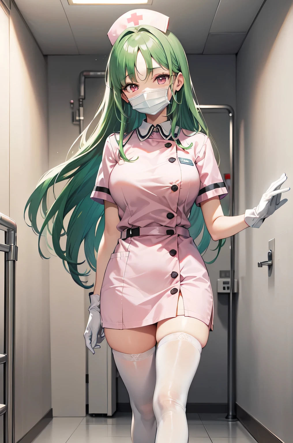 1woman, solo, nurse, white nurse cap, white nurse uniform, ((white legwear, zettai ryouiki)), white gloves, forehead, long hair, green hair, pink eyes, ((white surgical mask, covered nose)), standing, ((hospital room)), sharp outline, short sleeves, mature female, 35 years old, best quality, masterpiece