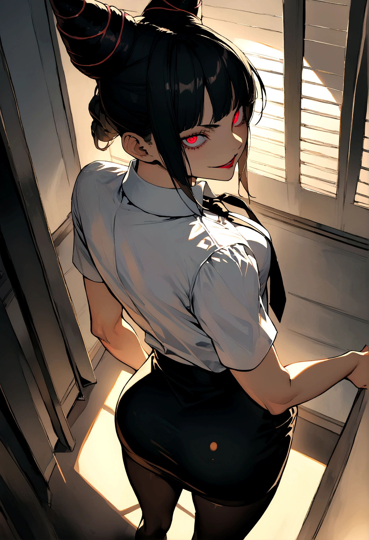 juri han, looking back,hands in pocket,work of art, tight white secretary shirt with black tie, black high waist skirt, short skirt,stocking, black hair, black tightscary sun,office,bangs on the eyes,lighting,horn of hair,view from above,evil smile,Linda