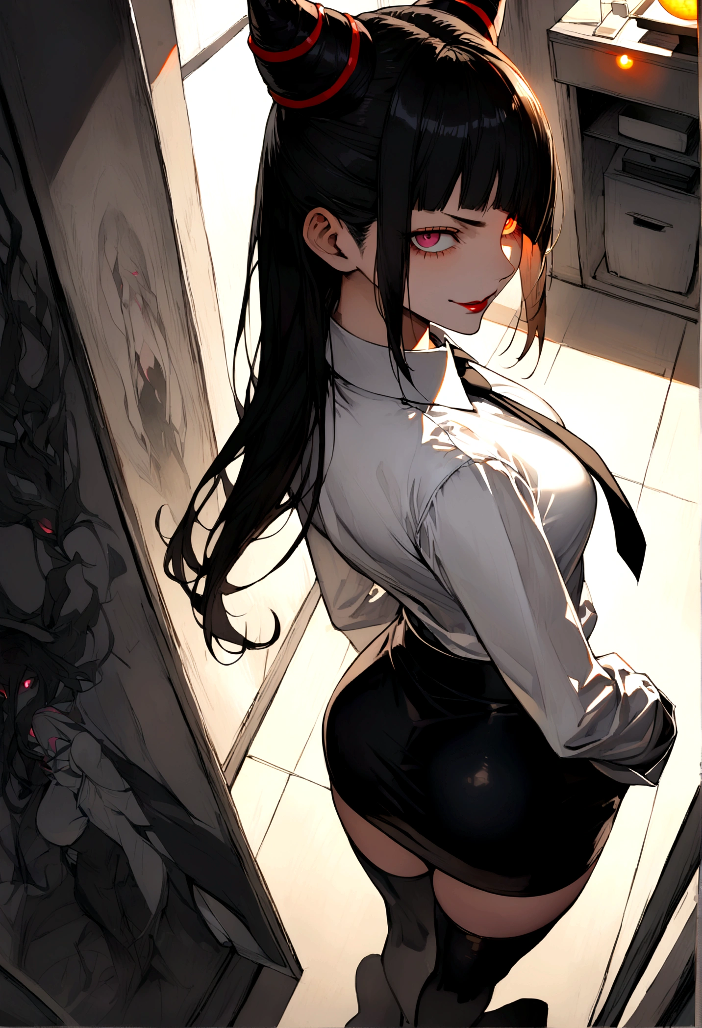 juri han, looking back,hands in pocket,work of art, tight white secretary shirt with black tie, black high waist skirt, short skirt,stocking, black hair, black tightscary sun,office,bangs on the eyes,lighting,horn of hair,view from above,evil smile,Linda