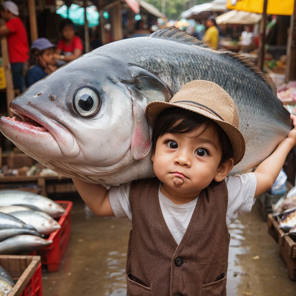 Picture a small carrying a super big fish, from market. with a cute expression
