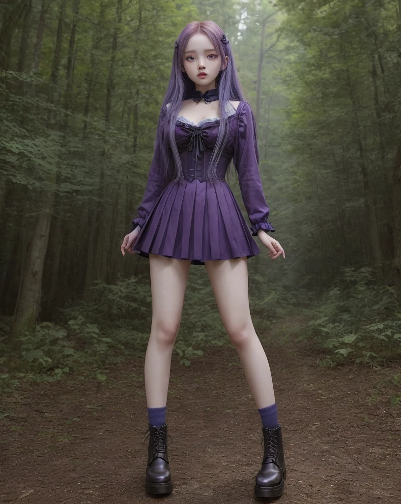 young girl, kim chaewon as a sexy young girl, full body view, fullbody, full body, kim chaewon is a girl, 1girl, forest background, kim chaewon, girl, small breast, figure, long blue hair, violet purple eyes, face front, tight pirate clothes, emotional face, make up, masterpiece, best quality,