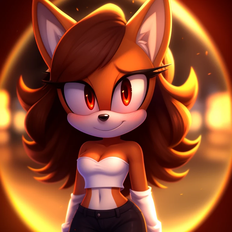 mobian, solo, hedgehog, two-tone fur ((orange fur, brown fur)), strapless crop top, baggy pants, cleavage, two-tone hair (brown hair, black tip)), curly hair, halo, sunglasses, jewelry, red eyes, longeyelashes, red eyes, smile, shy, blush,  framed, stereogram, image fill, viewfinder, depth of field, high details, high detail, masterpiece, UHD, anatomically correct, super detail, highres, 4K