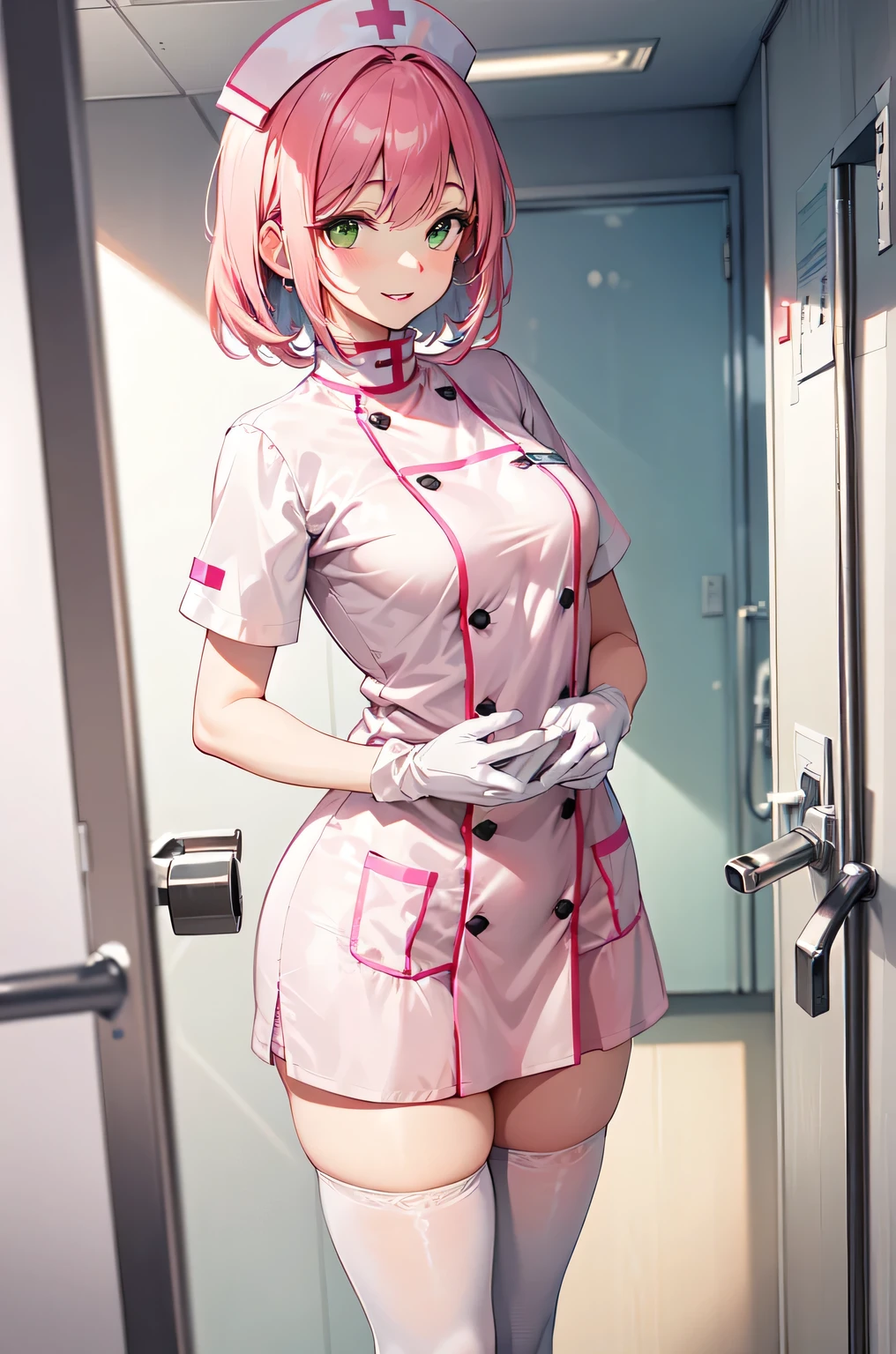 1woman, solo, nurse, white nurse cap, white nurse uniform, ((white legwear, zettai ryouiki)), white gloves, pink hair, green eyes, drooping eyes, pink lips, smile, standing, ((hospital room)), sharp outline, short sleeves, mature female, 32 years old, best quality, masterpiece