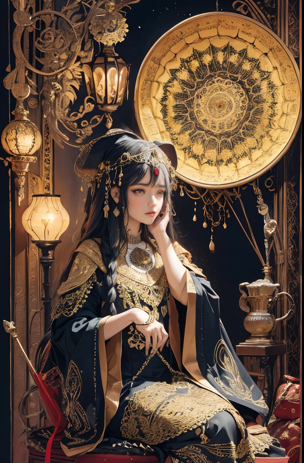 (masterpiece, top quality, best quality, official art, beautiful and aesthetic:1.2), (1girl), extreme detailed,colorful,highest detailed, official art, unity 8k wallpaper, ultra detailed, beautiful and aesthetic, beautiful, masterpiece, best quality, (zentangle, mandala, tangle, entangle) ,holy light,gold foil,gold leaf art,glitter drawing, PerfectNwsjMajic