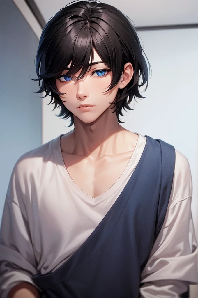 A boy with a  with black hair and blue eyes 