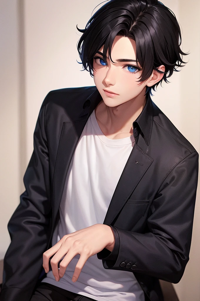 A boy with a  with black hair and blue eyes 