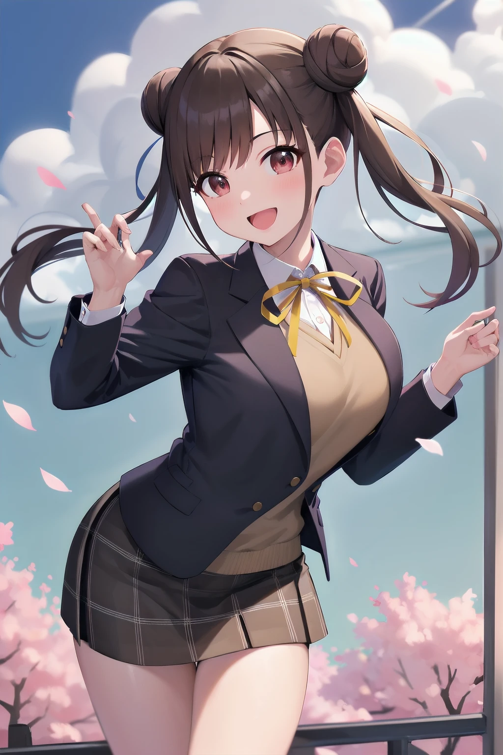 masterpiece, best quality, highres, aachiyoko, double bun, twintails, neck ribbon, yellow ribbon, collared shirt, sweater vest, blazer, black jacket, open clothes, long sleeves, plaid skirt, brown skirt, outdoor, cherry blossoms, smile, leaning forward, standing, cowboy shot, open mouth, arms behind back,