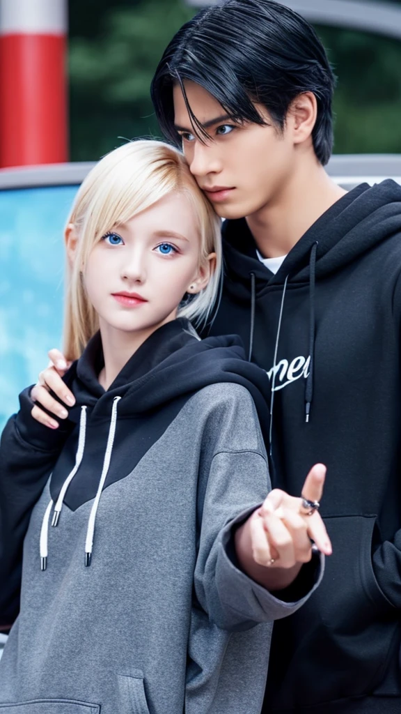 girl offering her hand to the screen, that she is black haired with a black hoodie with a blonde man with blue eyes next to her