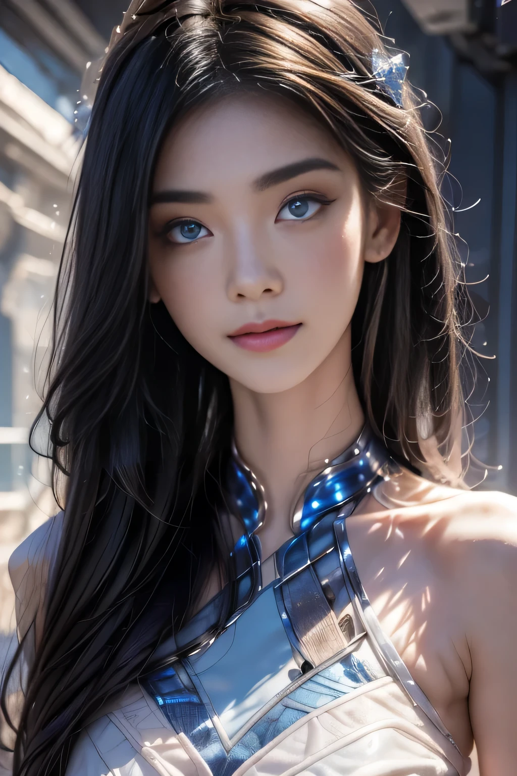 Black Hair, Hair shaking, victory, Long eyelashes, Solid round eye, A faint smile, ears red, direction, Surrealism, shadow, Relief, Stereogram, Standing picture, Throw, Atmospheric perspective, 8K, super detail, precise, best quality,The complete picture, Seven-hit shooting, 18 years old, Wearing transparent sci-fi clothes, Delicate face, detail, hand, ultimate detail, Stunning magnificence, LED Interior Lighting, Pedepin (pedapan) style, Fiber Hair, Glowing blue iris, Glowing blue iris. ,,
