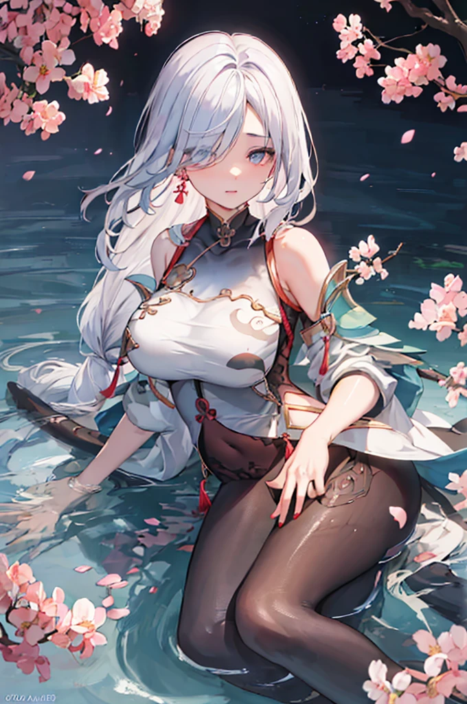 The most exquisite ,Masterpiece, illustration, Delicate and extremely beautiful, มีdetailsมาก ,CG ,unity ,8k wallpaper, miraculous, details, Masterpiece,best quality,official art,มีdetailsมาก Cg unity 8k wallpaper,nonsense, Incredibly ridiculous, hugeFilesize , มีdetailsมาก, High resolution, มีdetailsมาก,สาวสวยเก็บdetails, มีdetailsมาก eyes and face, ดวงตาที่มีdetailsสวยงาม,แสงสว่างบนface,1 girl, (Shenhe\Genshin Effects), (Very realistic), (((white hair))), (Single braid), long hair, (blue eyes), ((His long bangs covered one eye.)), (((hair in one eye))), (((Bangs covering right eye))), ((decorations)), ((Tassel Earrings)), (((Describe the arm in detail.))), (((At the end of the chest))), ((big ass)), ((thigh)), Big long legs., ((tights)), ((plump body)), (big breasts), ((Plump breasts)), (Detailed description of hair), (bare shoulders), ((collarbone)), ((Off the shoulder)), (Shiny skin), (คำอธิบายโดยละเอียดของface), (detailsร่างกายอย่างละเอียด), (Clear and radiant skin), Unrivaled beauty, (ultimate beauty), (red lips), (shy ), ( smile), , ((cherry blossoms)), (petals falling), ((long sleeve)), ((wide arms)), Thin silk, penetration, ( Japanese Onsen), ((Facing the audience)), ((face)), , ((Any position)), (You can sit and soak in the water.)), ((There is a lot of water in the body.))