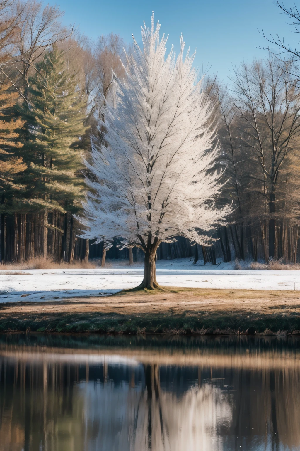 Tree with almost no leaves, lakeside, vegetation covered in frost