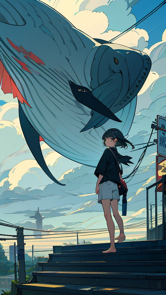 masterpiece, Exquisite detail,Highest quality,handrail, cloud,Power lines,View your viewers, Electric pole, bangs, cloudy zero, fish, bird, Green Eyes, Shorts, animal, Day, Black Shirt, barefoot,train,Railroad crossing,whale