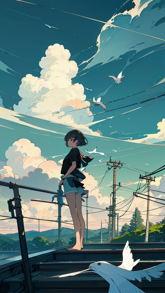 masterpiece, Exquisite detail,Highest quality,handrail, cloud,Power lines,View your viewers, Electric pole, bangs, cloudy zero, fish, bird, Green Eyes, Shorts, animal, Day, Black Shirt, barefoot,train,Railroad crossing,whale