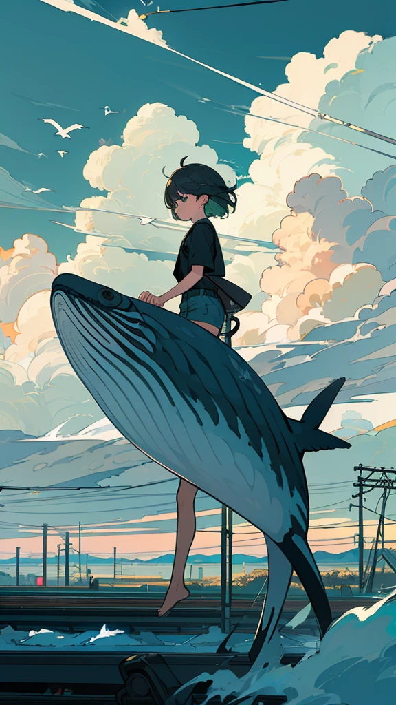 masterpiece, Exquisite detail,Highest quality,handrail, cloud,Power lines,View your viewers, Electric pole, bangs, cloudy zero, fish, bird, Green Eyes, Shorts, animal, Day, Black Shirt, barefoot,train,Railroad crossing,whale