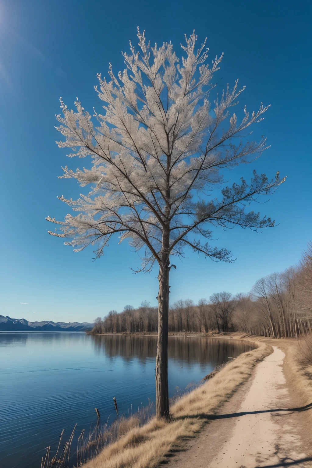 Tree with almost no leaves, lakeside, vegetation covered in frost