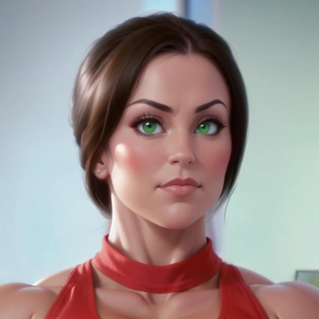(masterpiece:1.2), (best quality), (ultra detailed), (8k, 4k, intricate),(full-body-shot:1), (highly detailed:1.2),(detailed face:1.2), (detailed background), eastern european muscle woman with dark hair in a bun wearing red tank top with massive muscle sarms by her side, woman with huge muscles, green eyes,