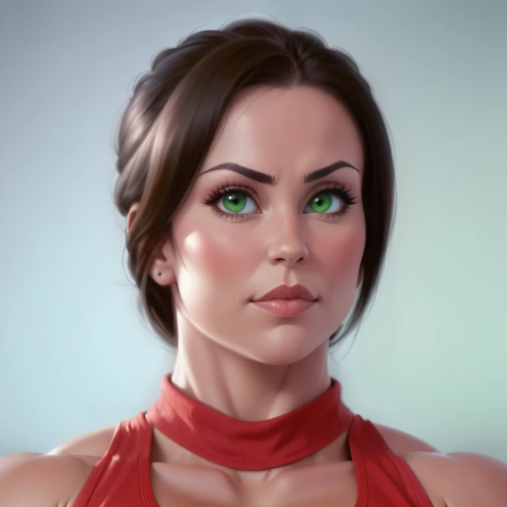 (masterpiece:1.2), (best quality), (ultra detailed), (8k, 4k, intricate),(full-body-shot:1), (highly detailed:1.2),(detailed face:1.2), (detailed background), eastern european muscle woman with dark hair in a bun wearing red tank top with massive muscle sarms by her side, woman with huge muscles, green eyes,



