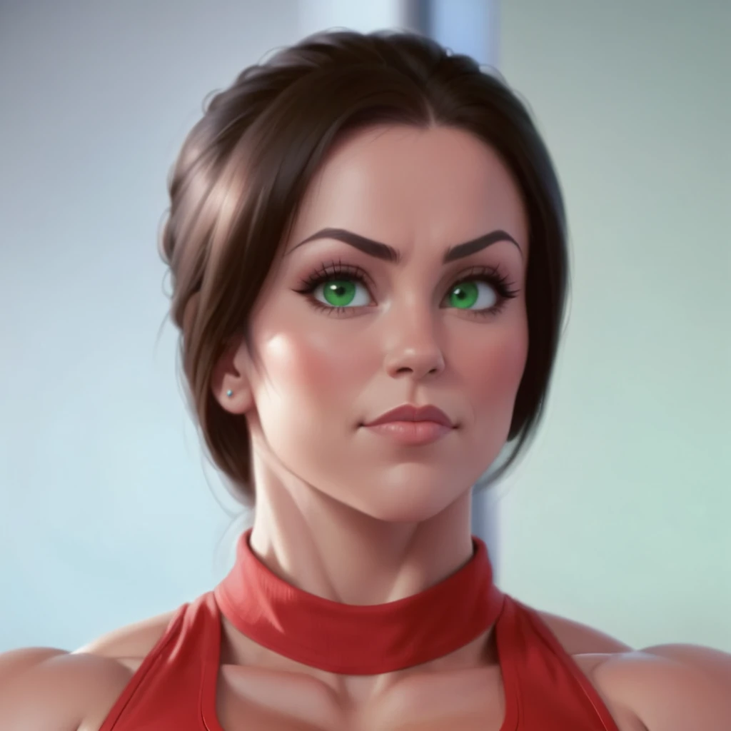 (masterpiece:1.2), (best quality), (ultra detailed), (8k, 4k, intricate),(full-body-shot:1), (highly detailed:1.2),(detailed face:1.2), (detailed background), eastern european muscle woman with dark hair in a bun wearing red tank top with massive muscle sarms by her side, woman with huge muscles, green eyes,