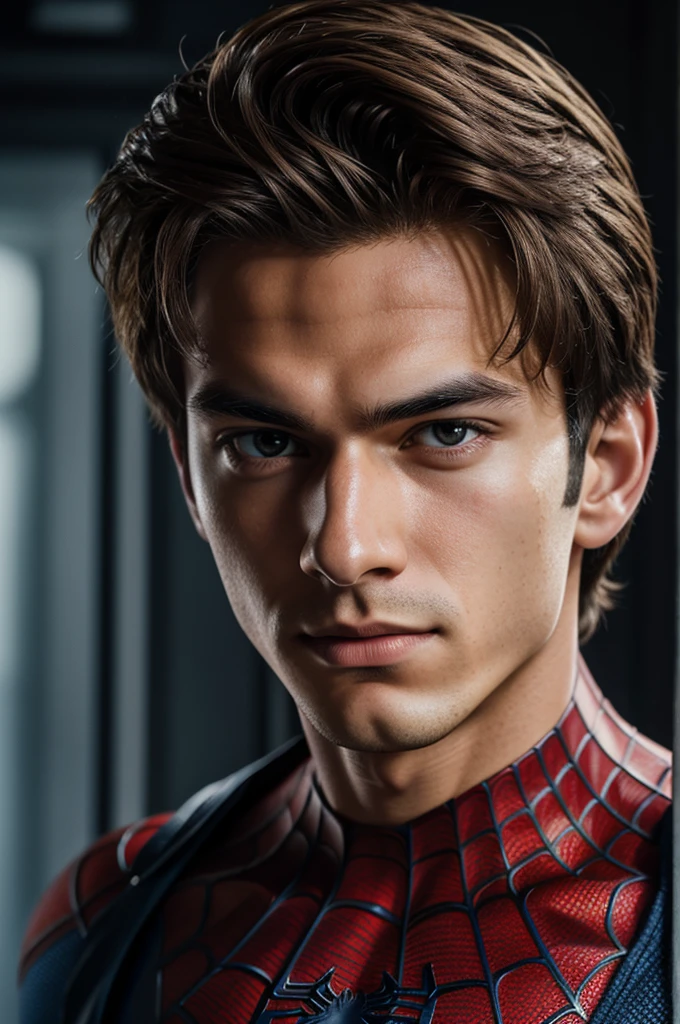 A photograph of spider man, no mask, 20 yo, handsome, detailed face, looking at camera, portrait, 8k uhd, high quality