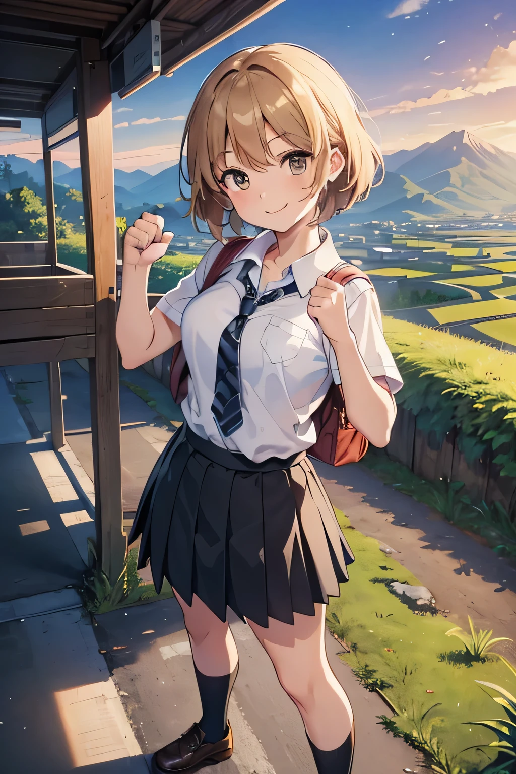 ((Highest quality, 4K, masterpiece: 1.3)), ((High Resolution)),((It's wonderful)),((Japan countryside:1.2)),((Japan countryside:1.2)),((Japan countryside:1.2)),((Japan countryside:1.2)),((Japanese mountain trails and rice terraces:1.2)),((Standing at the bus stop:1.2)),((Standing at the bus stop:1.2)),(Do not split frames),(Do not split),(Do not split),(sunset:1.2),(sunset:1.2),(sunset:1.2),(sunset:1.2),(One woman:1.8),(One woman:1.8),(One woman:1.8),(One woman:1.8),(One woman:1.8),((dutch angle shot:1.2)),((dutch angle shot:1.2)),((medium wide shot:1.2)),((medium wide shot:1.2)),((medium wide shot:1.2)),((upper body shot:1.2)),((upper body shot:1.2)),((upper body shot:1.2)),((upper body shot:1.2)),((shoot from above:1.2)),((shoot from above:1.2)),((school uniform, short sleeve shirt:1.2)),((school uniform, short sleeve shirt:1.2)),((school uniform, short sleeve shirt:1.2)),(tie:1.4),(tie:1.4),(tie:1.4),((Fluttering checkered skirt:1.2)),((Fluttering checkered skirt:1.2)),((Fluttering checkered skirt:1.2)),((Black ankle socks:1.3)),((Black ankle socks:1.3)),((Black ankle socks:1.3)),((Trekking shoes:1.2)),(School Bags),(School Bags),(School Bags),(School Bags),((Stand with your feet shoulder-width apart and your knees slightly bent:1.2)),((Stand with your feet shoulder-width apart and your knees slightly bent:1.2)),((Stand with your feet shoulder-width apart and your knees slightly bent:1.2)),((Stand with your feet shoulder-width apart and your knees slightly bent:1.2)),((Stand with your feet shoulder-width apart and your knees slightly bent:1.2)),((face focus:1.4)),((face focus:1.4)),((face focus:1.4)),((face focus:1.4)),((model posing:1.2)),((model posing:1.2)),((model posing:1.2)),((model posing:1.2)),((model posing:1.2)),((model posing:1.2)),(A cool expression in the wind:1.2),(A cool expression in the wind:1.2),(A cool expression in the wind:1.2),((A big smile:1.2)),((A big smile:1.2)),((fist bump:1.4)),((fist bump:1.4)),((fist bump:1.4)),(shoot from side),((Light brown eyes:1.2)),((Light brown eyes:1.2)),((Beautiful highlighted eyes)),((Light brown eyes:1.2)),((Light brown eyes:1.2)),((Beautiful highlighted eyes)),((Light brown eyes:1.2)),((Beautiful highlighted eyes)),((Light brown eyes:1.2)),((Shiny black hair:1.4)),((Shiny black hair:1.4)),((Shiny black hair:1.4)),((Fluffy short bob:1.2)),((Fluffy short bob:1.2)),((Fluffy short bob:1.2)),((Fluffy short bob:1.2)),((Parted bangs)),((Parted bangs)),(Beautiful breasts),Japanese women, 14 years old gravure photo, High Contrast, Aperture F3.2, Focal length 100mm, (((peace sign))),wakame, wakame, wakame, wakame, wakame, wakame, wakame, wakame, wakame, wakame, wakame, wakame, wakame, wakame, wakame, wakame, wakame, wakame, wakame, wakame, wakame, wakame, wakame, wakame, wakame 
