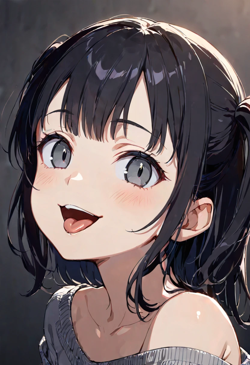 side view,face focus,open mouth,tongue out,lick,(1girl,Beautiful 16 year old girl),((Slender,Baby Face,Small face)),looking at viewer,look up,Black Hair,bangs,two side up,Gray Eyes,Drooping eyes,slit pupils,narrow eyes,sexy sweater,midriff peek,bare shoulder,Denim shorts,Beautiful and detailed anime art,Mischievous smile,Dimly lit room,Simple Background,Gray background,Low lighting