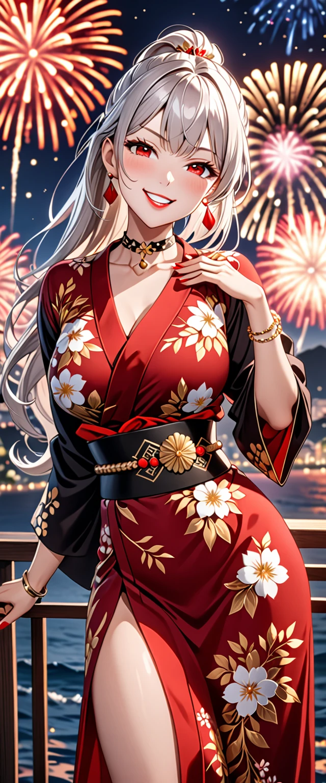 ((One personの女性)), Beautiful Face, (Laughing embarrassedly), (smirk:1.4), ((Wink:1.4)), (head tilt:1.3), Laugh with your mouth wide open, upper teeth, looking at viewer, (Doing sexy poses), ((Bright red cheeks:1.4)), Glossy Red Lips, night,Terrace with sea view, firework, Glossy red lips, Shining Face, ((Anime style background)),masterpiece, Highest quality, so beautiful,up to date, Complex details, (long nails of red color), (nail art), (ring),(bracelet),(Floral choker),AI-generated, Complex,High resolution, Highest quality, super high quality,3D Images、3D Images,One person,Long white hair,High Ponytail, Anime woman posing for a photo, (blue eyes:1.2), ((Fine grain、Light silvery white eyes、Shining Eyes:1.3)), (Squint your eyes:1.1),a hyperRealistic , hyperRealistic , Realistic,Anime woman with long white hair, Smooth anime CG art, (A woman in a colorful kimono with gold embroidery), (Black long sleeve kimono),Red floral pattern,Long flower hair ornament,Earrings,Mature Body,(Big Breasts:1.2),Tall,Abdominal muscles,Tight waist, (face focus:1.2), (dutch angle:1.3),