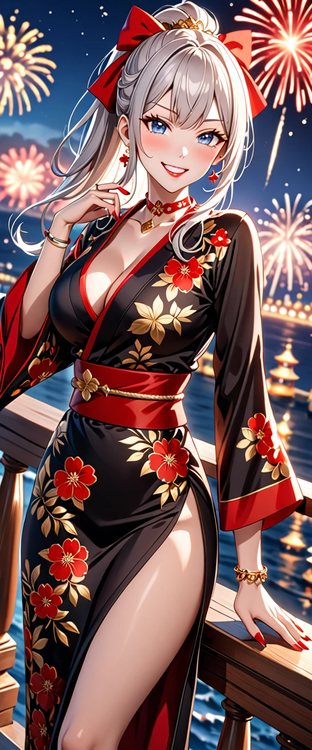 ((One personの女性)), Beautiful Face, (Laughing embarrassedly), (smirk:1.4), ((Wink:1.4)), (head tilt:1.3), Laugh with your mouth wide open, upper teeth, looking at viewer, (Doing sexy poses), ((Bright red cheeks:1.4)), Glossy Red Lips, night,Terrace with sea view, firework, Glossy red lips, Shining Face, ((Anime style background)),masterpiece, Highest quality, so beautiful,up to date, Complex details, (long nails of red color), (nail art), (ring),(bracelet),(Floral choker),AI-generated, Complex,High resolution, Highest quality, super high quality,3D Images、3D Images,One person,Long white hair,High Ponytail, Anime woman posing for a photo, (blue eyes:1.2), ((Fine grain、Light silvery white eyes、Shining Eyes:1.3)), (Squint your eyes:1.1),a hyperRealistic , hyperRealistic , Realistic,Anime woman with long white hair, Smooth anime CG art, (A woman in a colorful kimono with gold embroidery), (Black long sleeve kimono),Red floral pattern,Long flower hair ornament,Earrings,Mature Body,(Big Breasts:1.2),Tall,Abdominal muscles,Tight waist, (face focus:1.2), (dutch angle:1.3),