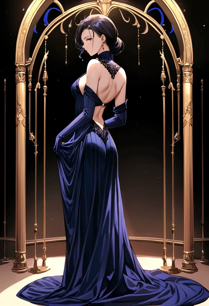 a solo portrait anime beautiful super healthy toned elegant glamorous noble high value billionaire luxurious fashion-model regal, very long hair style, Chizuru Mizuhara wearing hyper-real extreme sleek (hyper realistic full body hiding leopard printed luxurious fine royal blue-black colored fine-textured plush shiny velour turtleneck ribbed gown sweater as a second skin), she is wearing (velvet gloves), (maroon velvet elegant shoes), avoid loose fitting cloths, she exudes feminine energy love, epitome of female, fantasy desire drop back, manga style, supreme high quality.