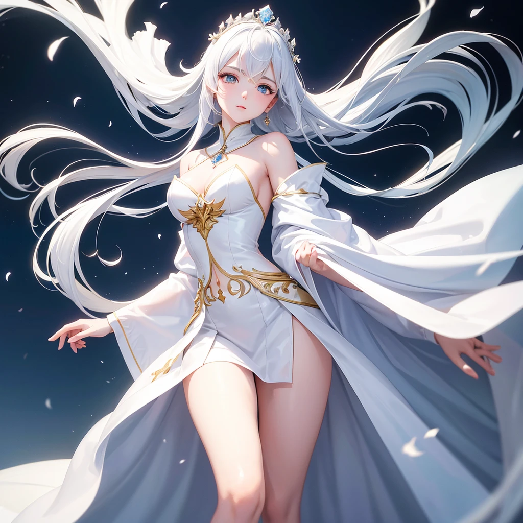 A beautiful female emperor, crystal clear skin, beautiful appearance, deep wisdom in her eyes, as if she has seen through everything in the world, dressed in a gorgeous white robe, holding a long sword, dancing robes in the breeze and silver hair fluttering in the wind, the white robe perfectly outlines the graceful figure, the demeanor is gentle and idyllic, like a flawless fairy